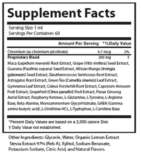 Gelatine Sculpt Supplement Facts panel: chromium 0.7 mcg and a 200 mg proprietary blend of 22 ingredients per 1 mL serving