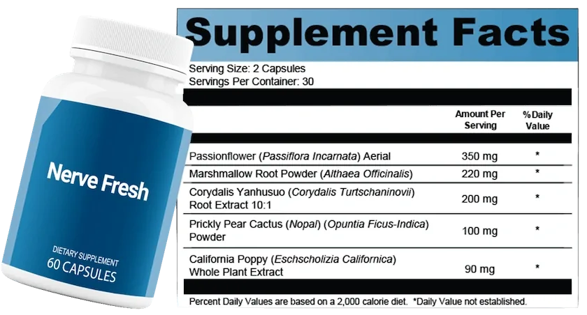 Nerve Fresh bottle beside its Supplement Facts panel showing five ingredients with individual amounts per two capsule serving